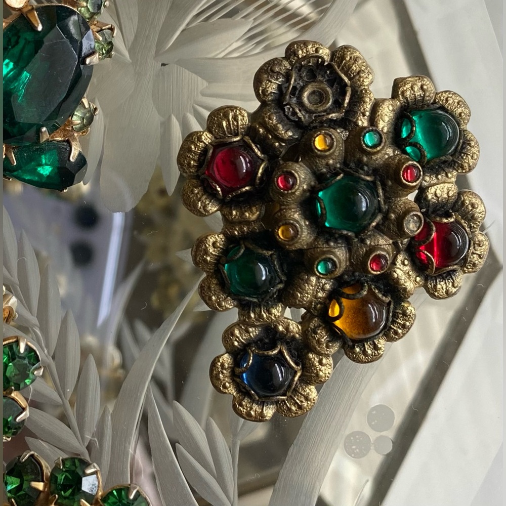 Vintage Medieval Revival Brooch Clip with Colorful Glass Cabochons